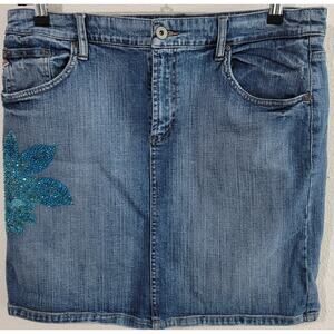 Vintage Z Cavaricci Blue Distress Denim Beaded Flower Mini Skirt 16 Lightweight